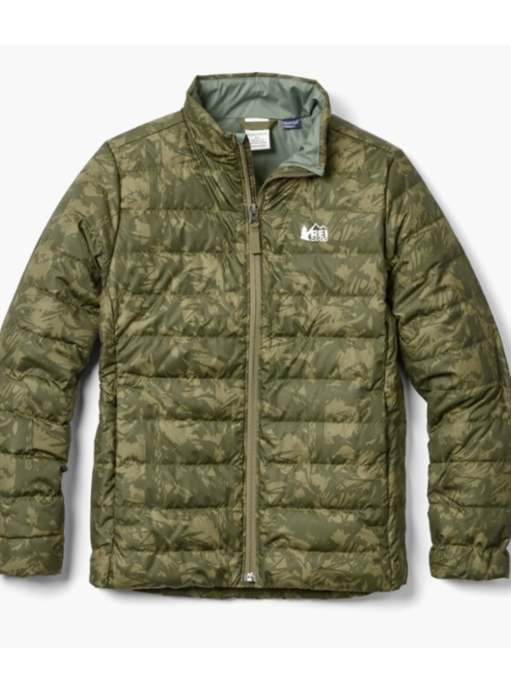 REI Co-op  650 Down Jacket Big Kids Green Camo Camouflage Size 10 12 Winter Coat